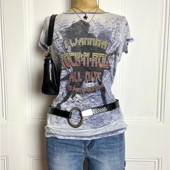 Lyric Y2K grunge semi sheer rock vibes top with silver lettering and 2000’s vibe - Picture 2 of 7